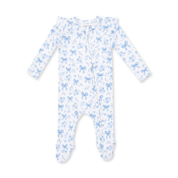 Blue Bows and Flowers- 2 Way Ruffle Back Zipper Footie