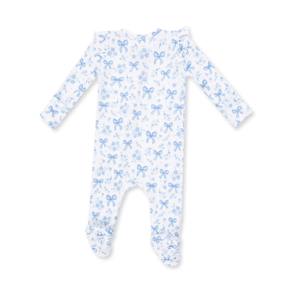 Blue Bows and Flowers- 2 Way Ruffle Back Zipper Footie