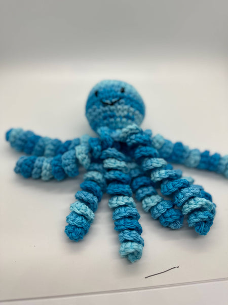 Hand crochet octopus for preemies in bright variegated blue