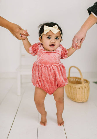 Quinn Romper in Pink Crushed Velvet | Baby Clothing