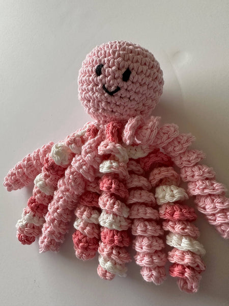 Hand crochet octopus for preemies in pink and variegated pin