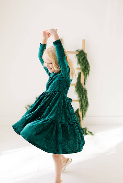 Gwendolyn Ruffle Dress in Crushed Green Velvet