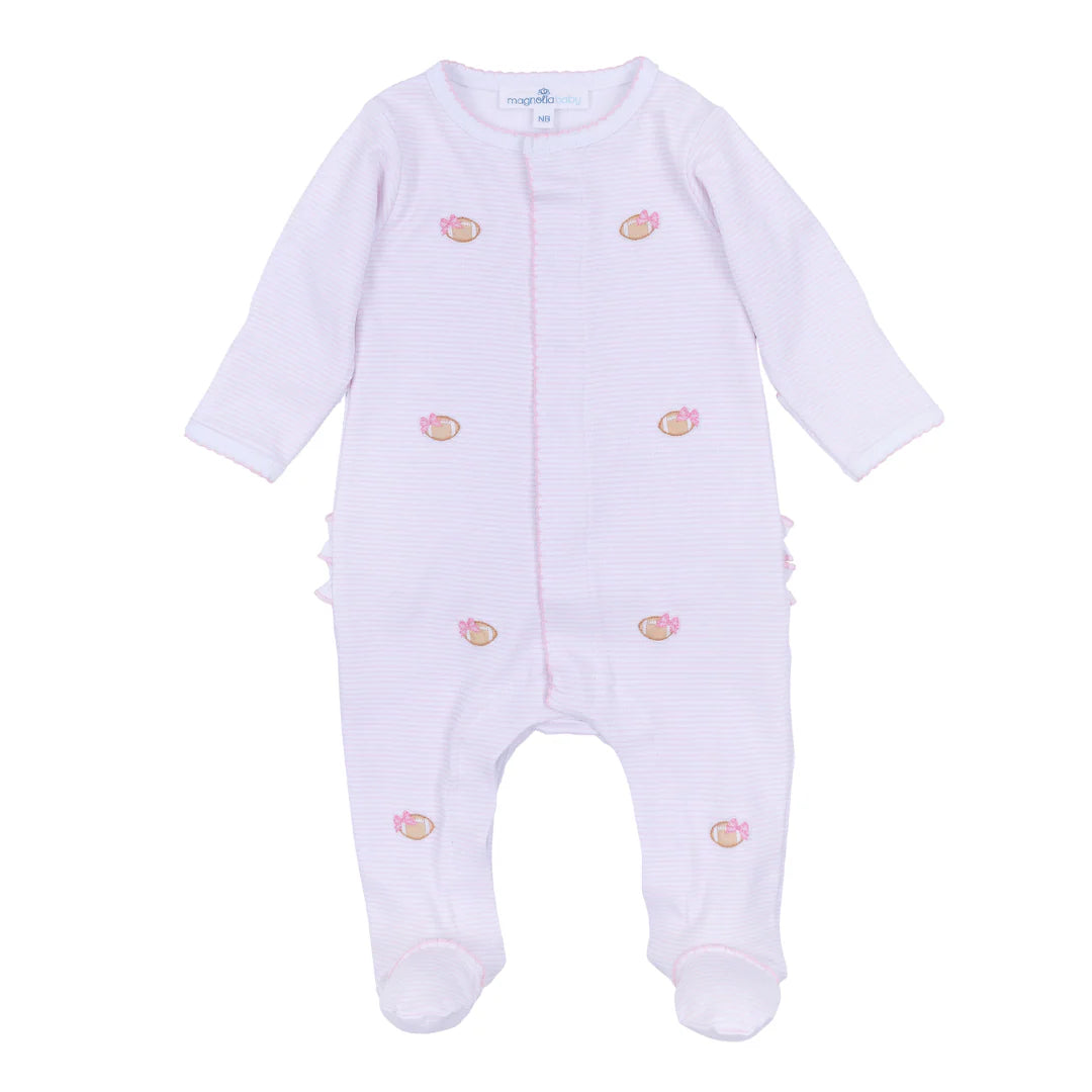 Touchdown Cutie Embroidered Ruffle Footie- Pink