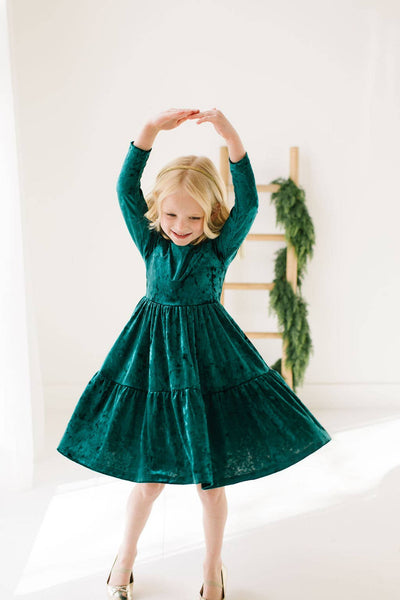 Gwendolyn Ruffle Dress in Crushed Green Velvet