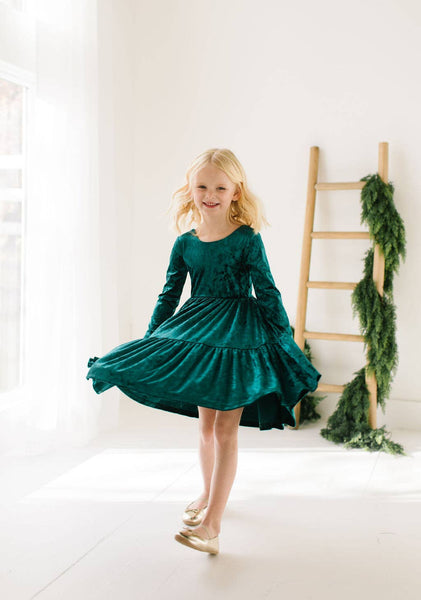 Gwendolyn Ruffle Dress in Crushed Green Velvet