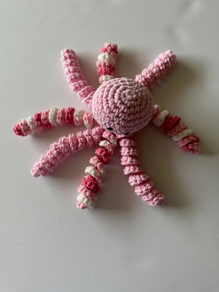 Hand crochet octopus for preemies in pink and variegated pin