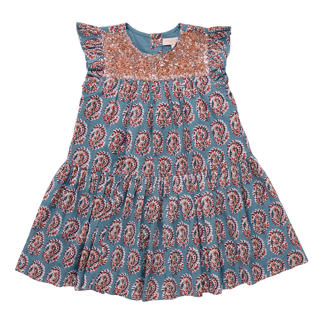 Girls Fiona Ruffle Dress- Blue Paisley