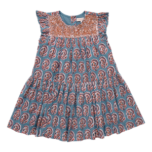 Girls Fiona Ruffle Dress- Blue Paisley