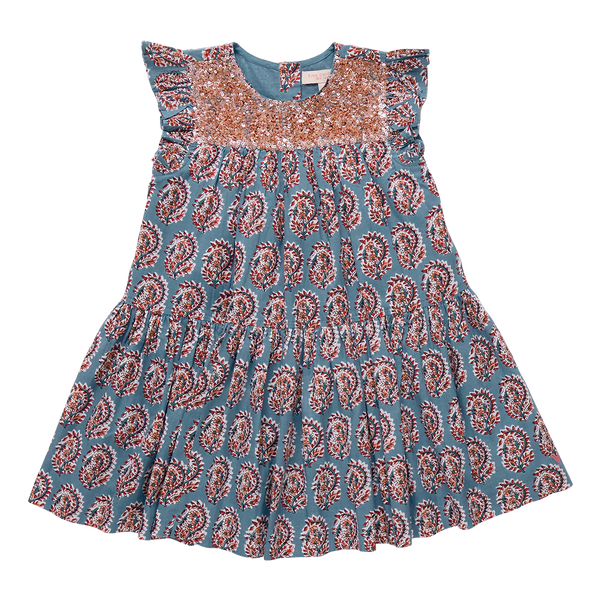 Girls Fiona Ruffle Dress- Blue Paisley