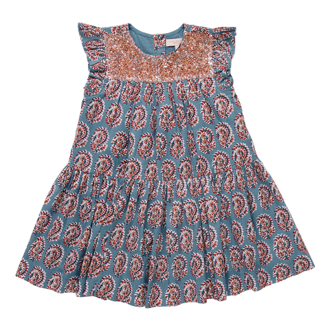 Girls Fiona Ruffle Dress- Blue Paisley