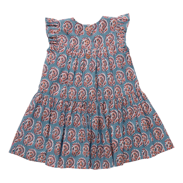 Girls Fiona Ruffle Dress- Blue Paisley