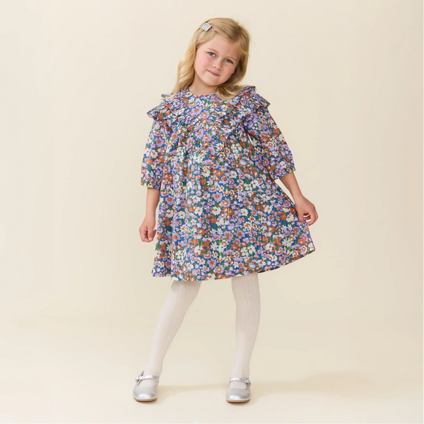 Girls Everly Dress-True Blue Sketched Floral