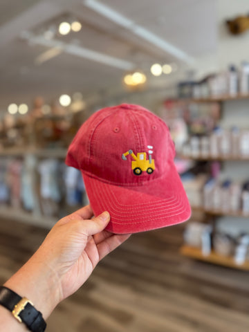 Excavator on Weathered Red Baseball Hat