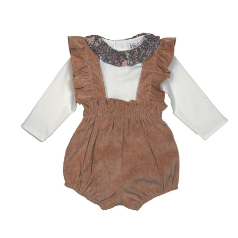 Girl Corduroy Suspender Shorts And Long Sleeve Onesie – Camel / Gray Garden