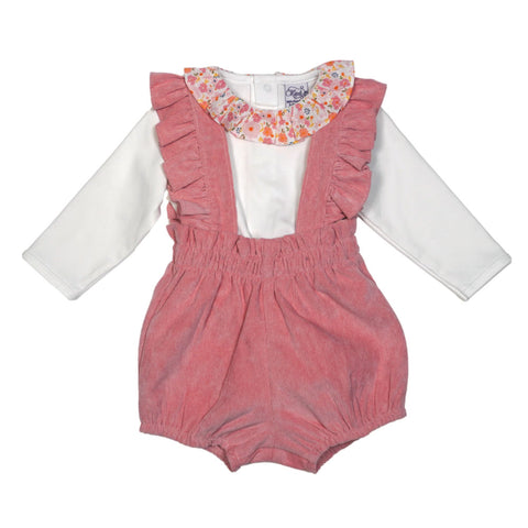 Girl Corduroy Suspender Shorts And Long Sleeve Onesie – Melon / Peach Poppies