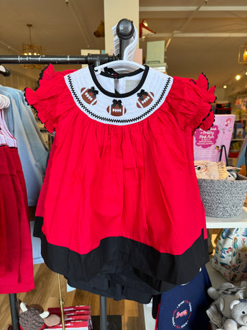 Red and Black Football Smocked Bishop Dress