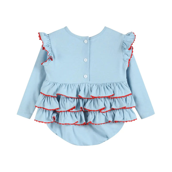 Light Blue Christmas Tree Smocked Knit Ruffle Romper