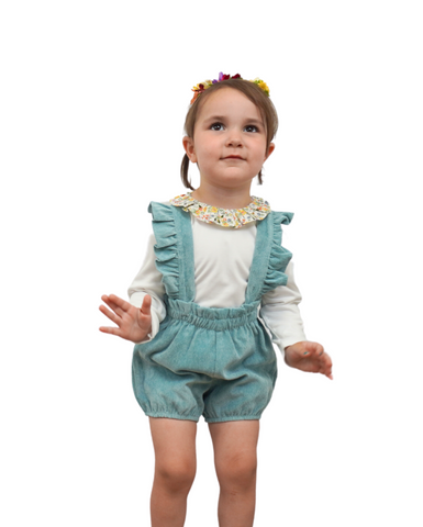 Girl Corduroy Suspender Shorts And Long Sleeve Onesie – Green / Mini Garden