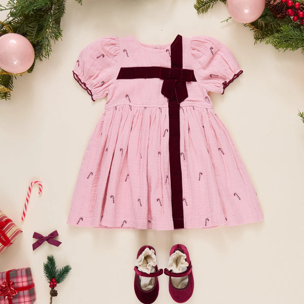 Girls Liliana Dress- pink velvet bow