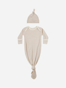 knotted baby gown + hat set || oat stripe
