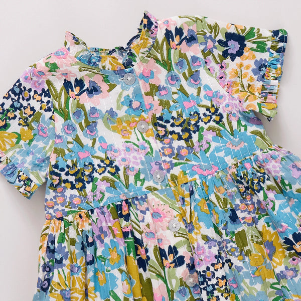 Girl Autumn Dress- Blue Large Sketched Floral