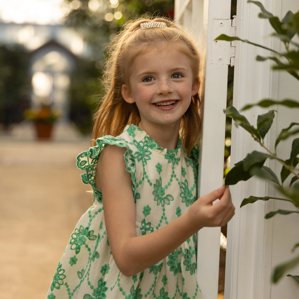 Girls Cynthia Dress- Kelly Green Eyelet