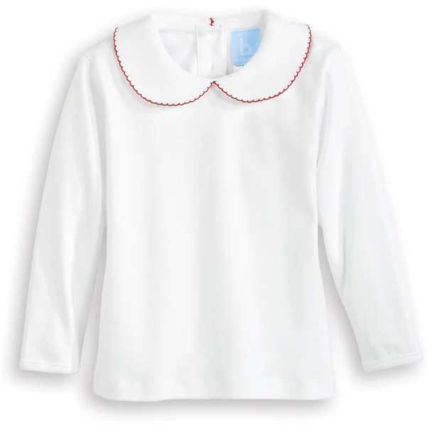 Long Sleeve Pima Peter Pan Tee - White with Red