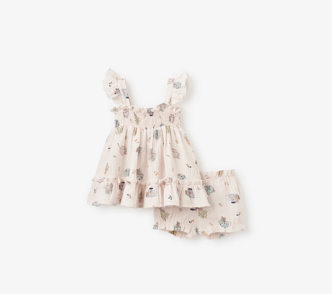 Tea Party Organic Muslin Smocked Dress & Bloomer