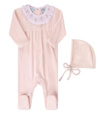 Smocked Velour Romper with Hat - Pink