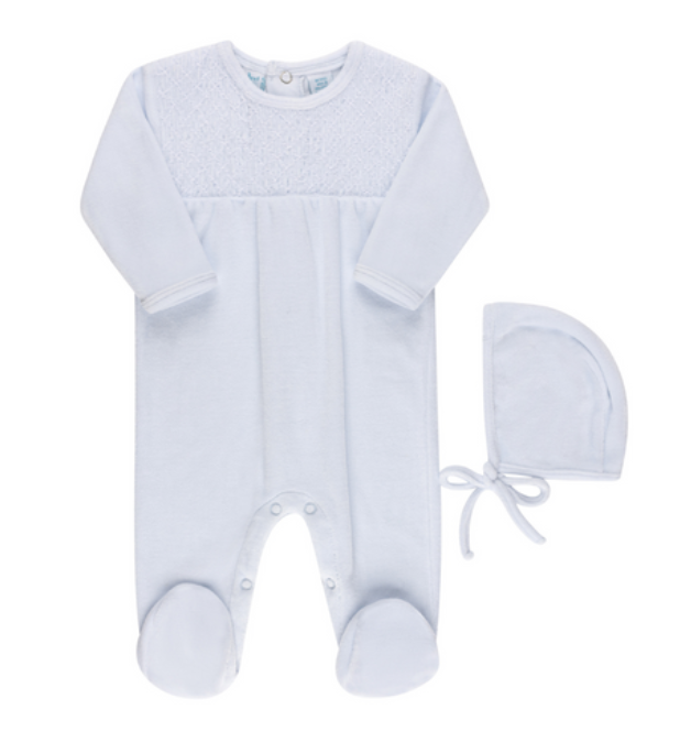 Smocked Velour Romper with Hat - Blue