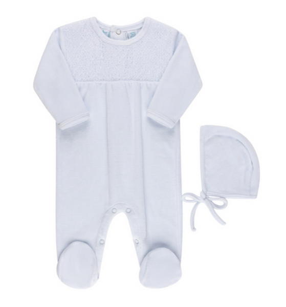 Smocked Velour Romper with Hat - Blue