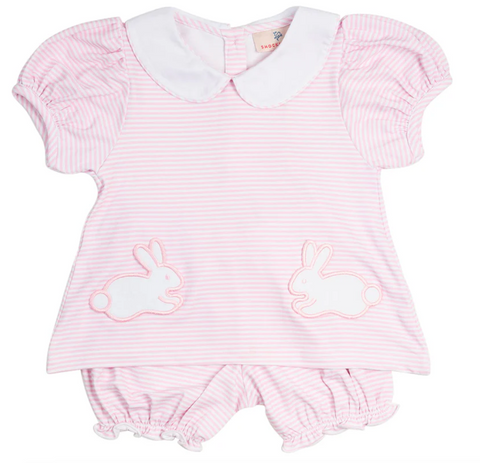 Pink Stripe Knit Bunny Pocket Bloomer Set