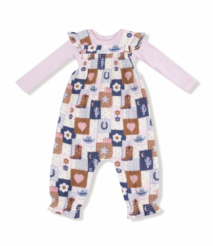 Patchwork Cowgirl Smocked Overall Set