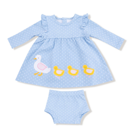 Organic Cotton Jersey - L/S Dress with Diaper Cover Chambray Blue Dot with Duck Family Applique