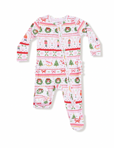 Sugar Plum Fairy - Nutcracker Fair Isle - Pink - 2 Way Zipper Ruffle Back Footie