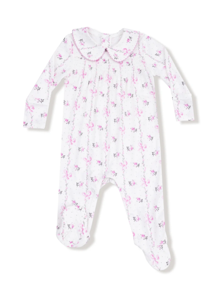 Smocked Peter Pan Snap Footie- Dainty Buds and Bows Stripe