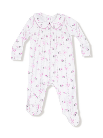 Smocked Peter Pan Snap Footie- Dainty Buds and Bows Stripe