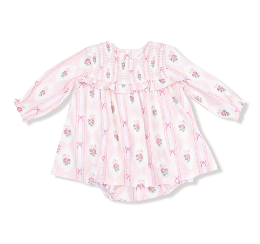 Long Sleeve Smocked Ruffle Bubble with Skirt- Ogee Lace Floral