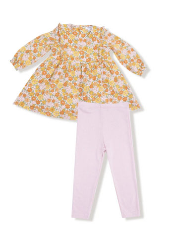 Ruffle Long Sleeve Dress + Ribbed Legging- Sweet Amber Floral