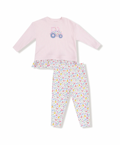 Fall Fruit Floral- Waffle Top With Ruffle and Tractor Applique and Bamboo Legging
