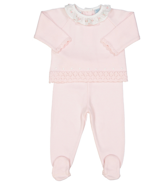 Rose Ruffle Collar Diamond Knit Set- Pink