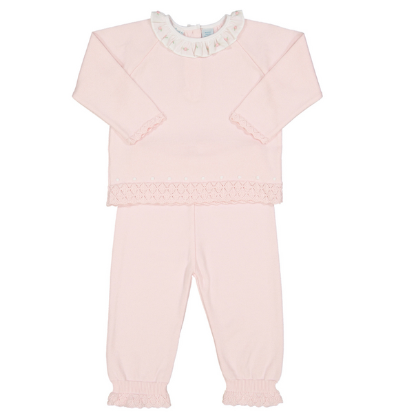 Rose Ruffle Collar Diamond Knit Set- Pink