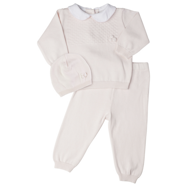 Girls Pique Collar Diamond Knit 2-Piece With Hat- Pink