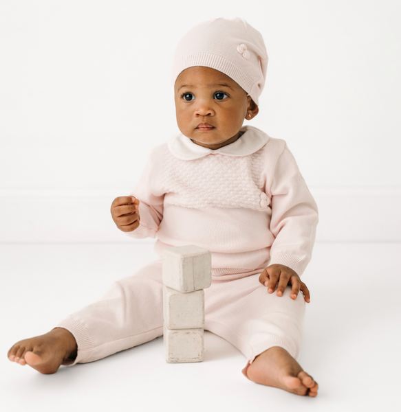 Girls Pique Collar Diamond Knit 2-Piece With Hat- Pink