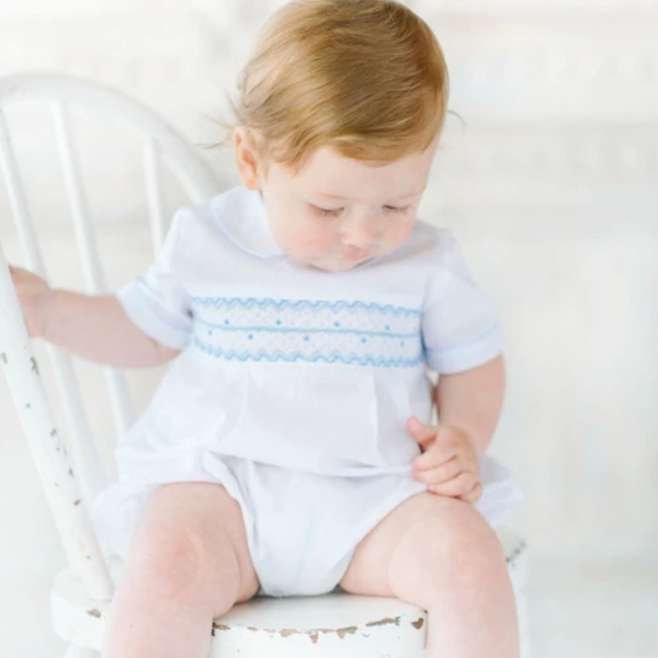 Boys Wave Smocked Romper- White