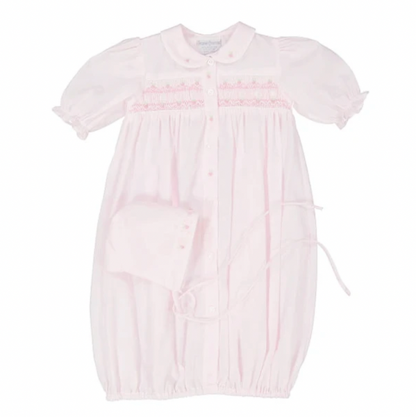 Smocked Ribbon Take Me Home Gown With Bonnet- Pink