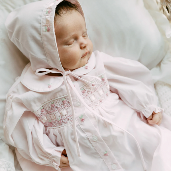 Smocked Ribbon Take Me Home Gown With Bonnet- Pink