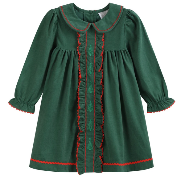 Green Corduroy Christmas Tree Ruffle Dress