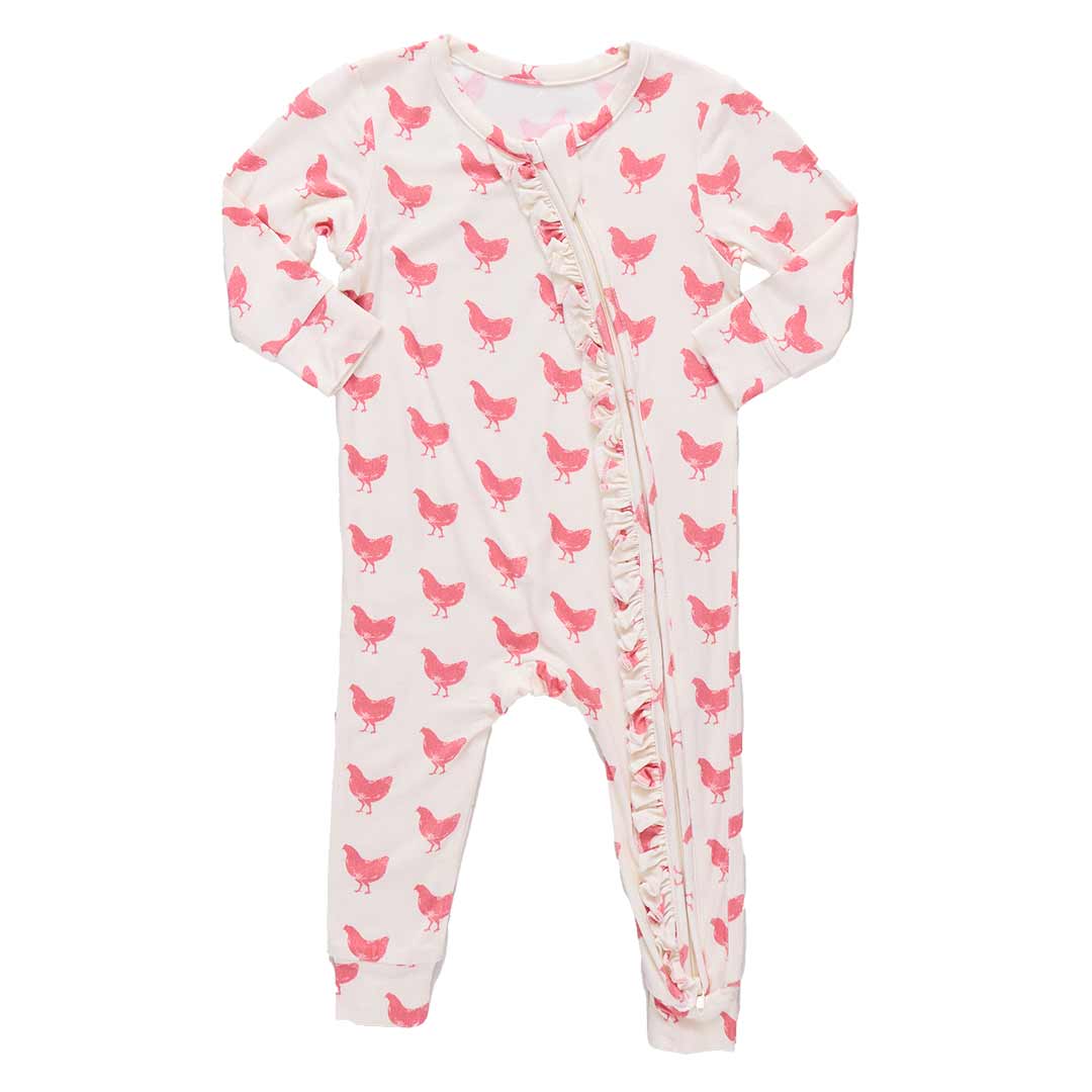 Baby Girls Ruffle Bamboo Romper- Pink Chickens