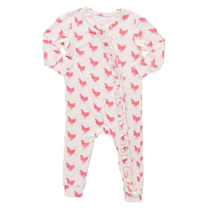 Baby Girls Ruffle Bamboo Romper- Pink Chickens